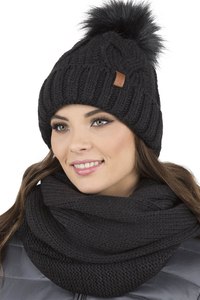 Vivisence Damen Bommelmütze Und Loop-Schal Mit Bommel Ideal Für Wintertage 7014, schwarz