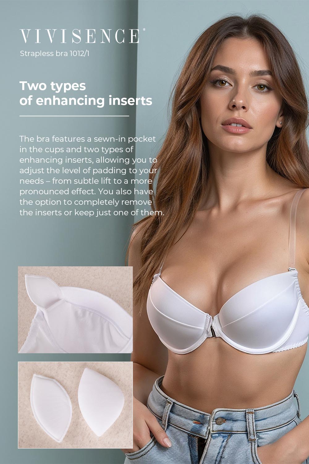 Vivisence Push Up BH Damen Silikonträger Rückenfrei Formbügel Frontverschluss 1012/1, weiß