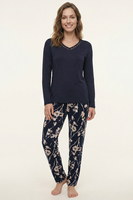 Vivisence Damen Pyjama Modal Baumwolle Langarm V Ausschnitt Bequem Atmungsaktiv, dunkelblau
