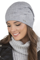 Vivisence Women's Hat Knitted Warm With Fleece Zirconia Pearls Elegant Winter 7012, light grey