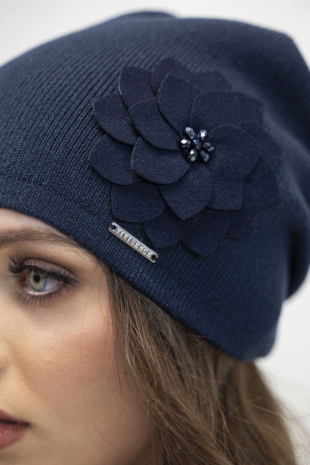 Vivisence Stylish Winter Set For Women Classic Hat And Scarf Made Of Warm And Soft Fabric With Wool Blend With Floral Decoration Perfect For Cold Winter And Autumn Days, dark blue