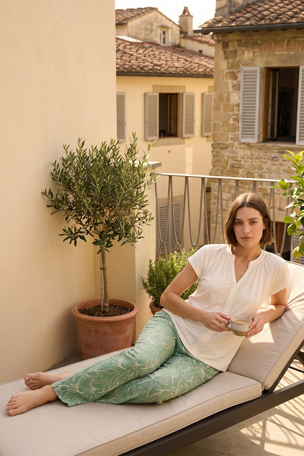 Vivisence Women Pajama Set Cotton V Neck Short Sleeve Comfort All Year, mint and white