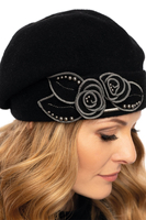 Vivisence Handmade Elegant Women's Cap With Floral Applique And Beads Decorative Folds Made From Warm Wool Static-Free Design Perfect Fit Ideal For Cold Winter Days, black