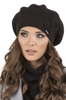 Vivisence Elegant Women's Winter Set Including Classic Beret With Floral Decoration And Matching Long Warm Wool Scarf Ideal For Cold Winter And Autumn Days, black
