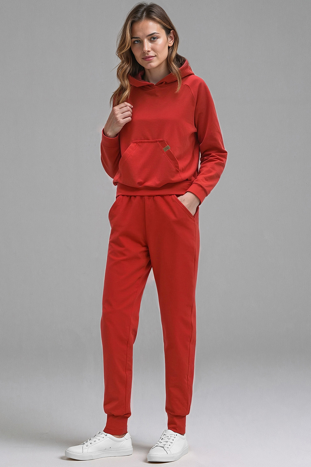 Vivisence Women's Tracksuit Set With Loose Hoodie And Tapered Trousers Stylish Activewear Featuring Elastic Waistband Side Pockets And Ribbed Trims For Daily Comfort, Red