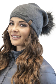 Vivisence Bonnet Pour Femme Et Cache Cou L'Automne et L'Hiver Avec Pompon Tricoté En Acrylique Ensemble Élégant  Écologique Idéal Avec Patch En Cuir Taille Universelle 70105Kmpl, graphite