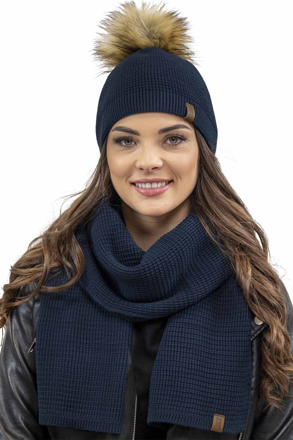 Vivisence Women's Pom Pom Winter Hat Warm Yarn Antistatic 7041, dark blue