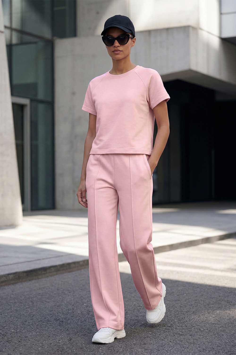 Vivisence Women’s 2 Piece Lounge Set, Short Sleeve T Shirt and Flared Trousers with Pockets, Soft Stretch Co Ord Set, pink