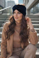 Vivisence Bandeau Femme Hiver Automne Chaud Couvre-chefs d'hiver Confortable Élégant Accessoire Cheveux Entrelacé Devant Tricot Extensible Idéal Journées Froides, bleu marine