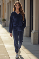 Vivisence Women Sweatshirt Velour V Neck Long Sleeve Lounge Casual 9002, dark blue