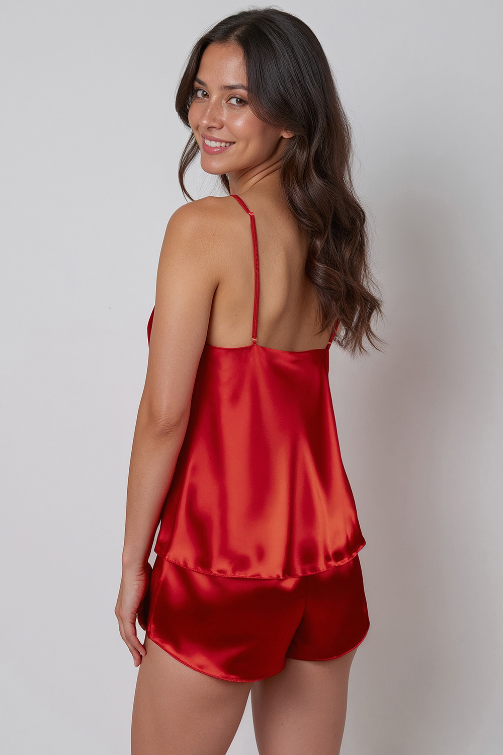 Vivisence Damen Nachtwäsche Set aus Satin, zweiteilig, V-Ausschnitt, verstellbare Träger, Schlafanzug Top und Shorts, Rot