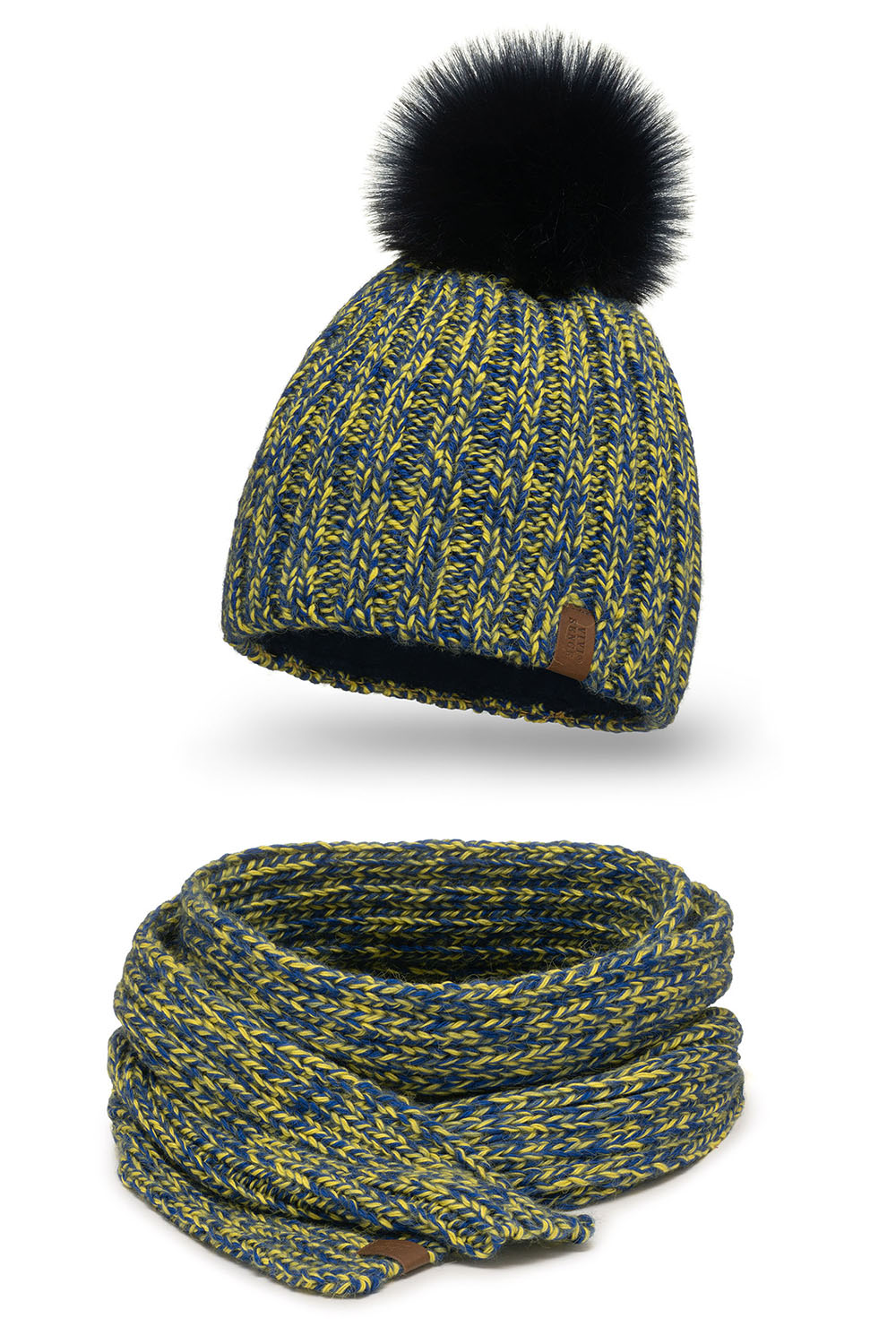 Vivisence Bonnet Et Écharpe Pour Femme L'Automne Et L'Hiver Tricoté Avec Un Gros Pompon Et Une Longue Chaude En Fil Épais Doublé De Polaire Douce Pour Les Froides Journées D'Hiver 7086Kmpl, jaune