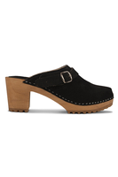 Vivisence Sabots Femme en Cuir Suédé, Semelle en Bois, Bout Fermé, Bride à Boucle Réglable, noir