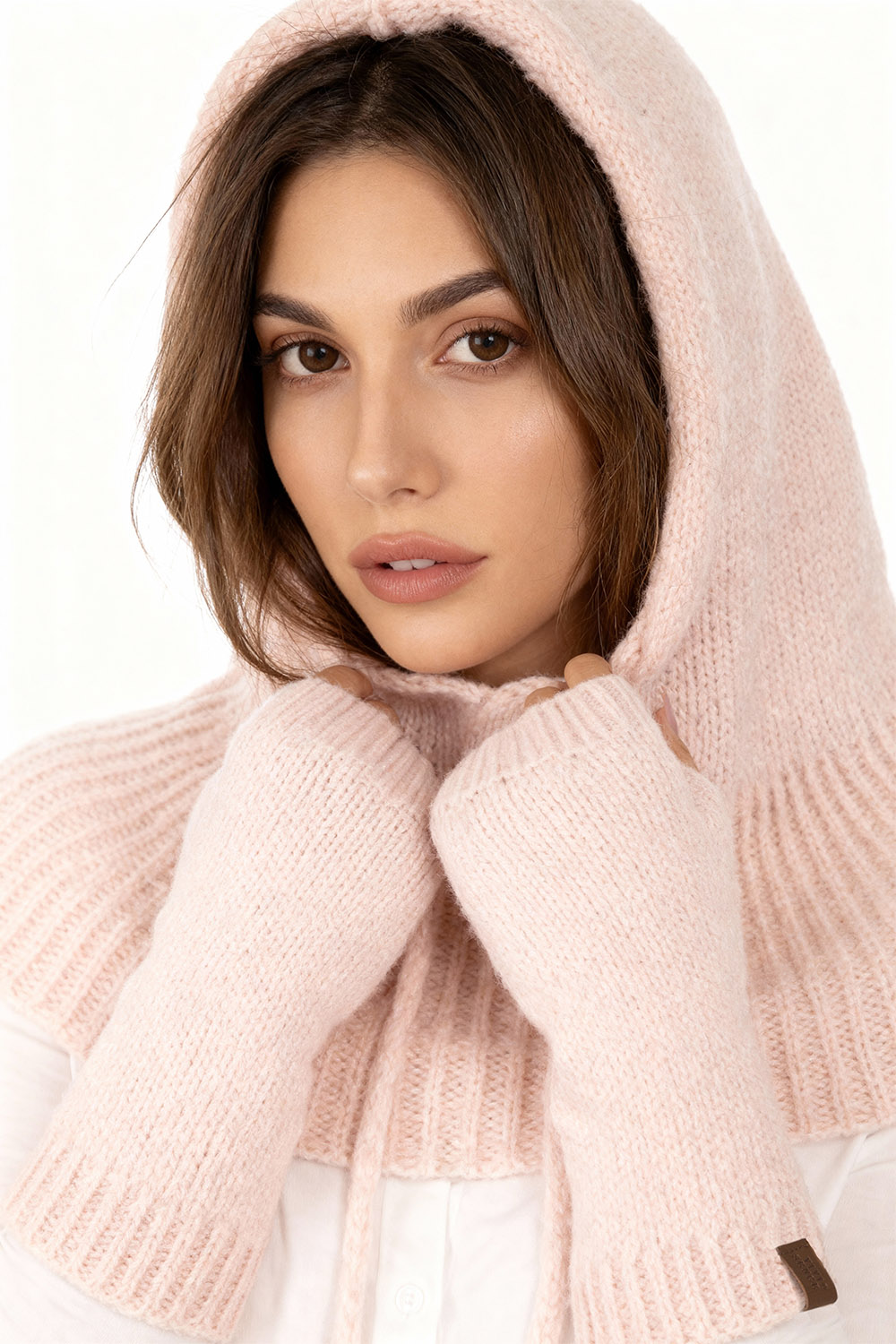 Vivisence Damen Kapuze Und Handstulpen Set Merino Baumwolle Warm für Wintertage, Pink
