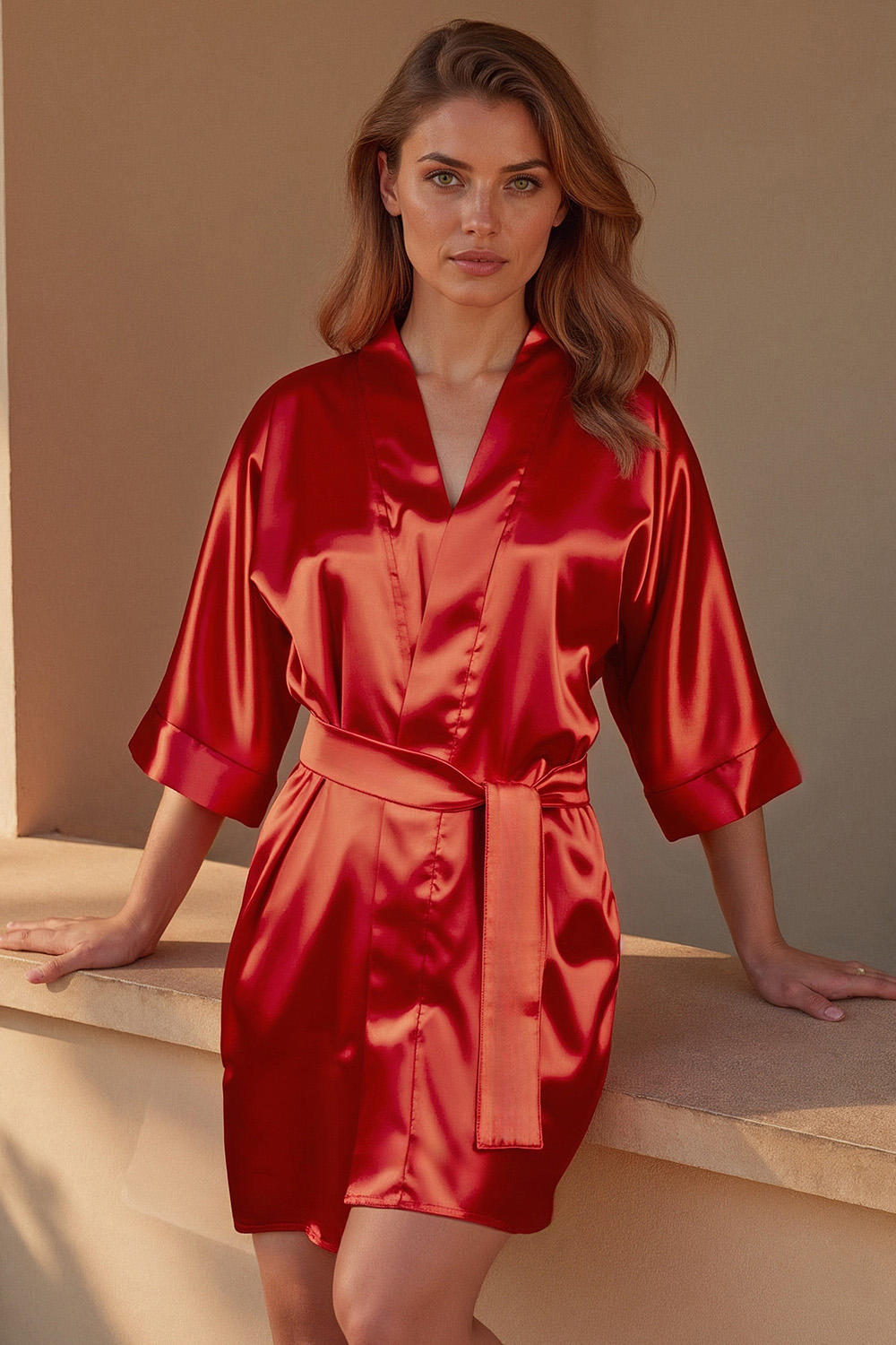 Vivisence Damen Satin Kimono Morgenmantel aus Polyester, eleganter V-Ausschnitt, 3/4 Arm, kurzer Bademantel für Damen als Nachtwäsche,