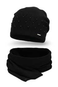 Vivisence Winter Set For Women With Warm Hat And Scarf Made Of Wool-Blend Yarn Fashionable Classic Design With Elegant Pearl And Braid Details Perfectly Fit For Cold Days, Black