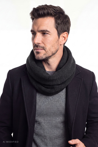 Vivisence Men's Merino Wool Loop Scarf Knitted Neck Warmer Snood, black