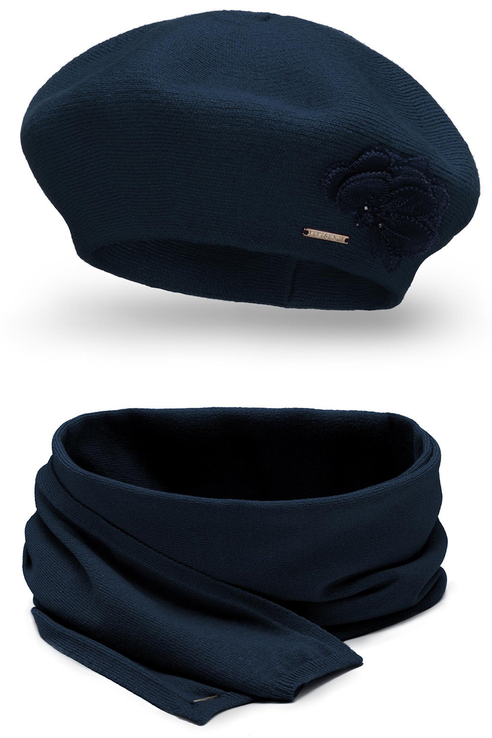 Vivisence Elegant Women's Winter Set Classic Beret And Matching Wool Scarf Made From Warm And Soft Fabric Ideal For Cold Winter And Autumn Weather, dark blue