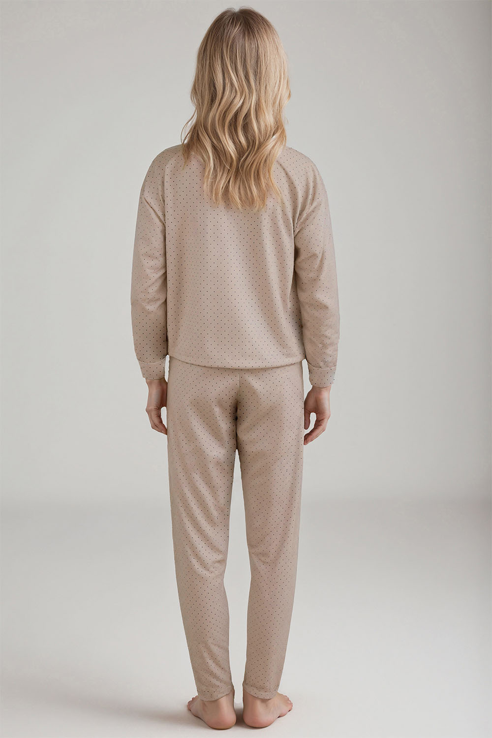 Vivisence Dame Schlafanzug 2-teiliges Set Pyjama Bluse Hose Gemustert Tupfen 2023, Beige