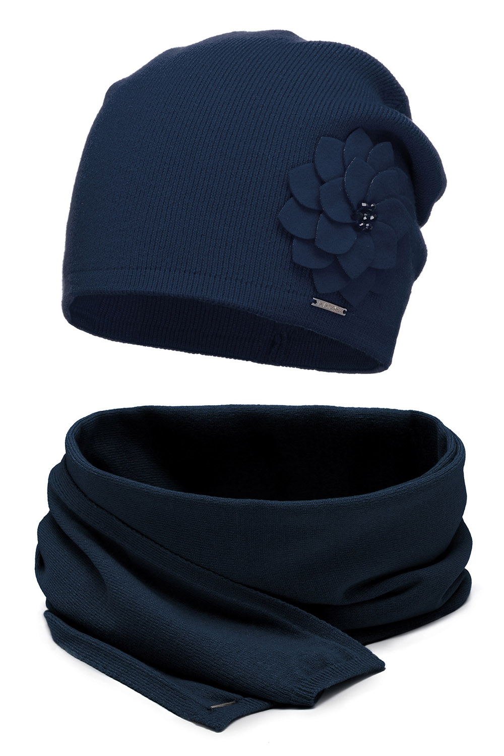 Vivisence Stylish Winter Set For Women Classic Hat And Scarf Made Of Warm And Soft Fabric With Wool Blend With Floral Decoration Perfect For Cold Winter And Autumn Days, dark blue