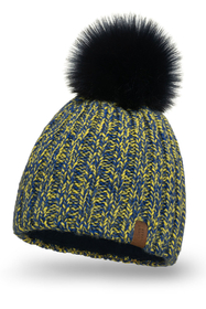 Vivisence Bonnet Pour Femme L'Automne et L'Hiver Bicolore Avec Gros Pompon En Fibres Écologiques Doublé De Polaire Antistatique Parfait Pour Les Froides Journées Avec Écusson En Éco-Cuir Et 7086, jaune