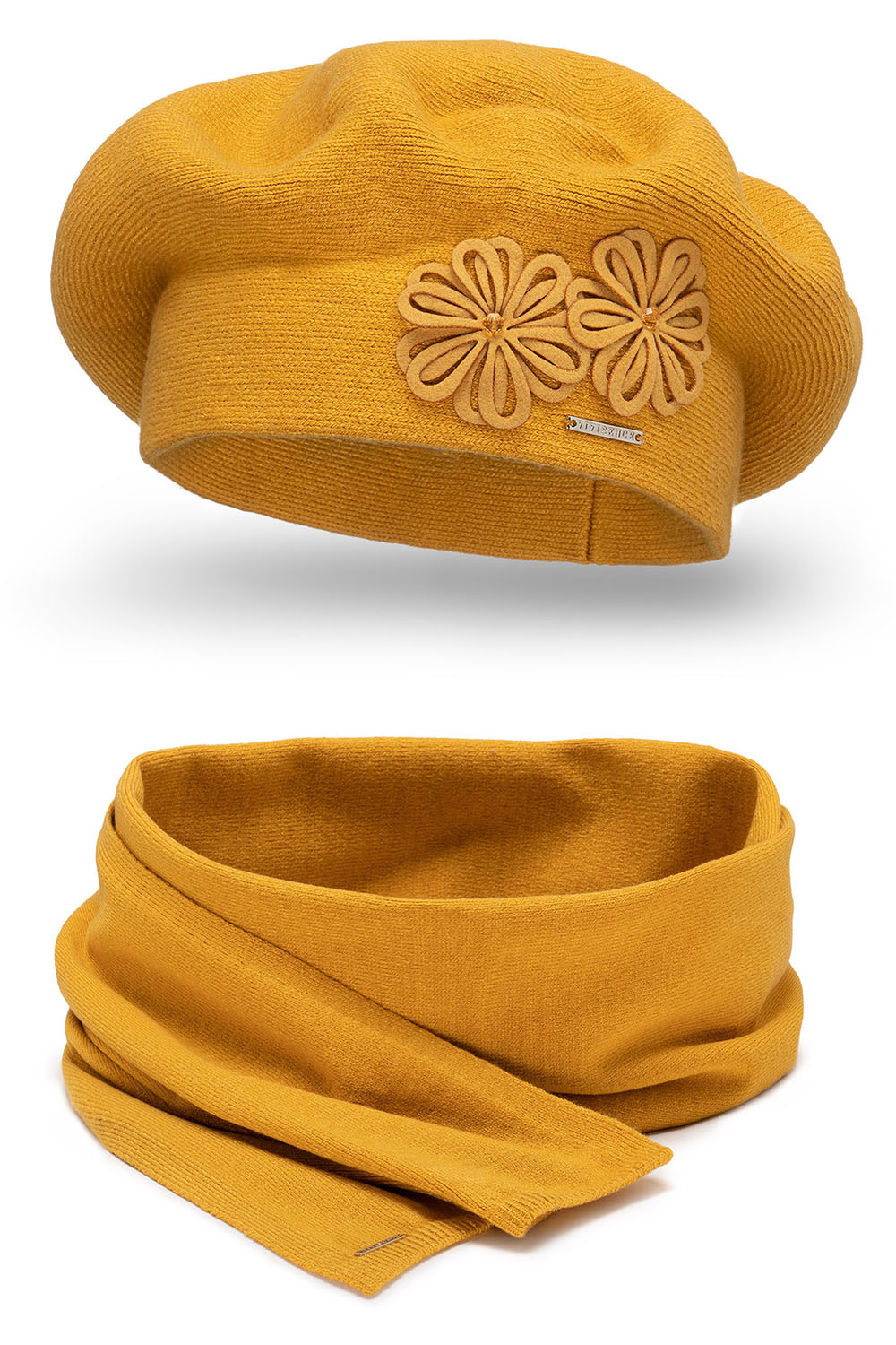 Vivisence Damen Baskenmütze Schal Set Wolle Blumenapplikation Warm Elegant 7007, honig