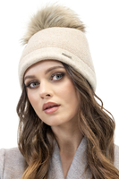 Vivisence Women's Pom Pom Hat Knitted With Subtle Houndstooth Pattern 7095, beige melange