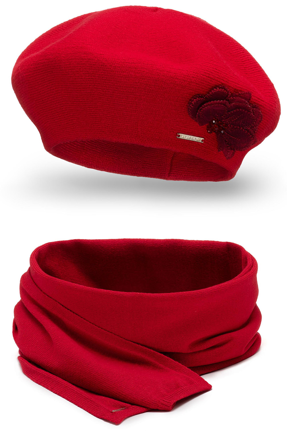 Vivisence Ensemble Béret Et Écharpe Pour Femme Automne et Hiver En Laine  Style Classique Élégant Avec Application Florale Idéal Pour Les Froides Journées Cadeau Parfait 7036Kmpl, rouge