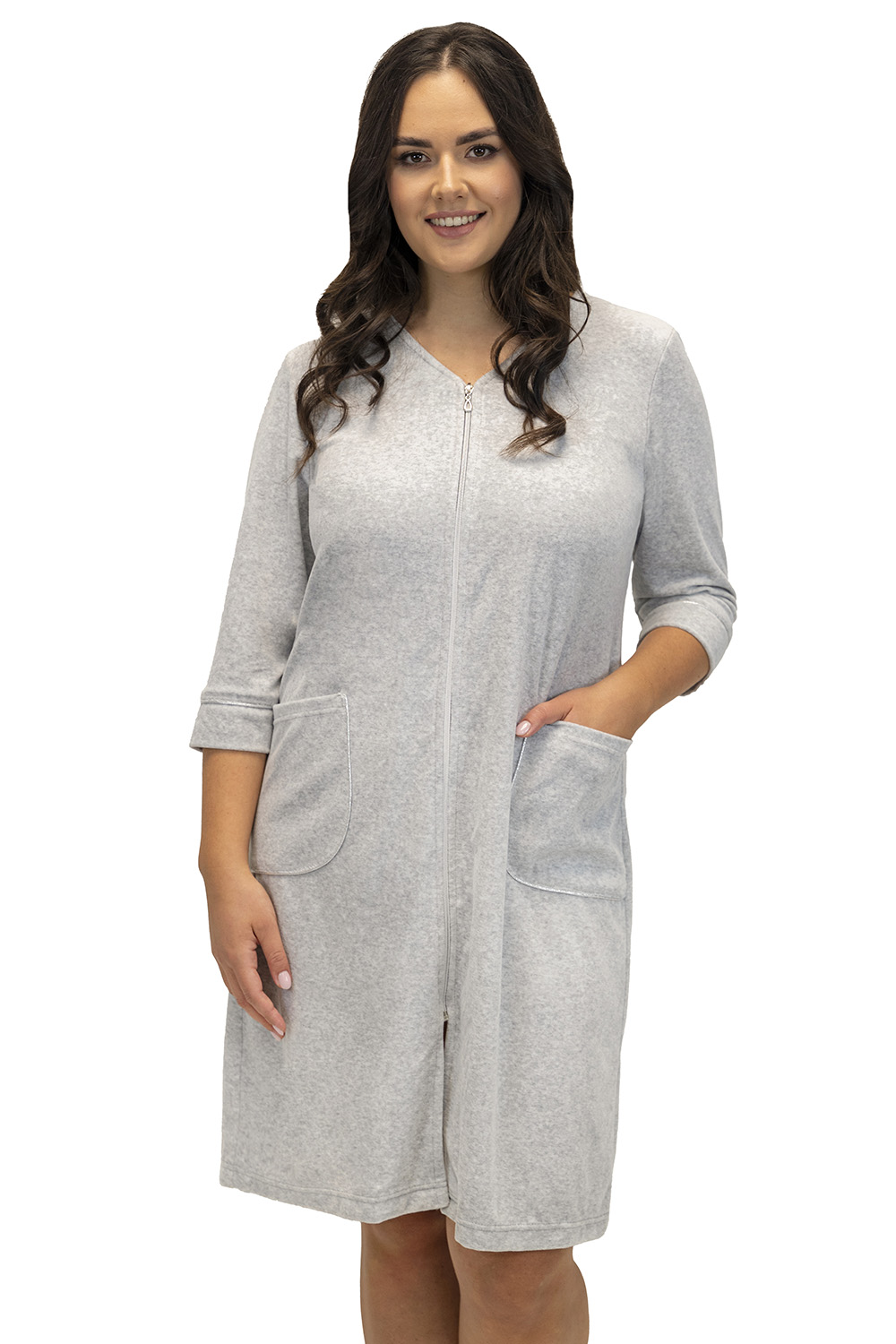 Vivisence Robe with Pockets Cotton Zipper Closure Comfortable To Wear At Home 5027, grey