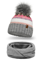 Vivisence Bonnet Et Cache-Cou Pour Femme L'Automne et L'Hiver Ensemble À La Mode Pour Avec Doublure Polaire Antistatique Pliable En Fil Chaud Tissage Coloré Pompon Écologique 7099Kmpl, gris