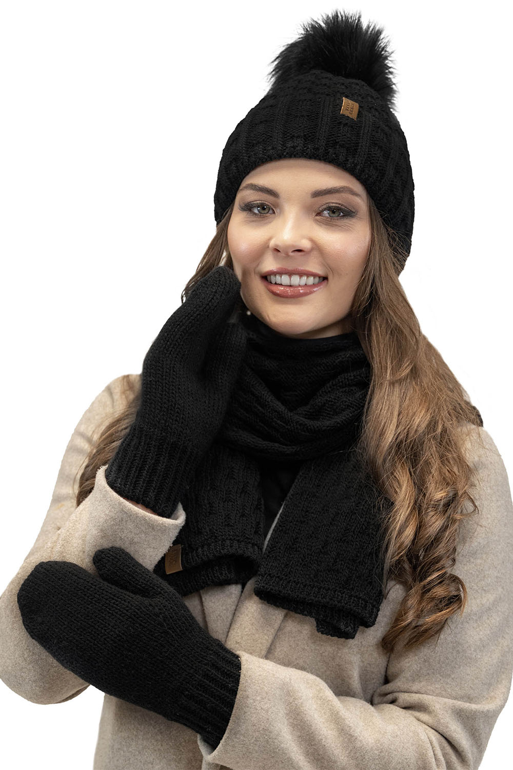 Vivisence Women Winter Hat Scarf And Gloves Set Fleece Lined Soft Knit Warmth, black