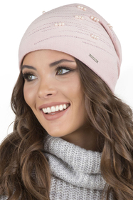Vivisence Women's Hat Knitted Warm With Fleece Zirconia Pearls Elegant Winter 7012, light pink