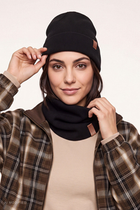 Vivisence Damen Set Mütze und Loop Schal Rippstrick, schwarz