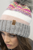 Vivisence Bonnet Et Cache-Cou Pour Femme L'Automne et L'Hiver Ensemble À La Mode Pour Avec Doublure Polaire Antistatique Pliable En Fil Chaud Tissage Coloré Pompon Écologique 7099Kmpl, gris