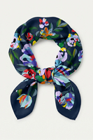 Vivisence Women Silk Scarf Silk Bandana Hand Rolled Edges Versatile Style, navy blue/colourful flowers