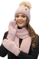 Vivisence Femme Ensemble Bonnet Pompon Écharpe Moufles Chaud Hiver Élégant, rose clair