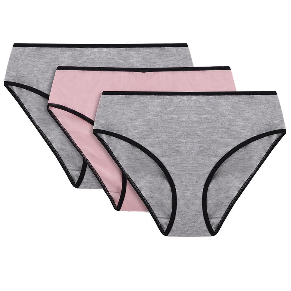 Vivisence Woman Briefs Cotton Midi Bikini Smooth Underwear 4016 3-Pack, black elastic: grey/pink/grey