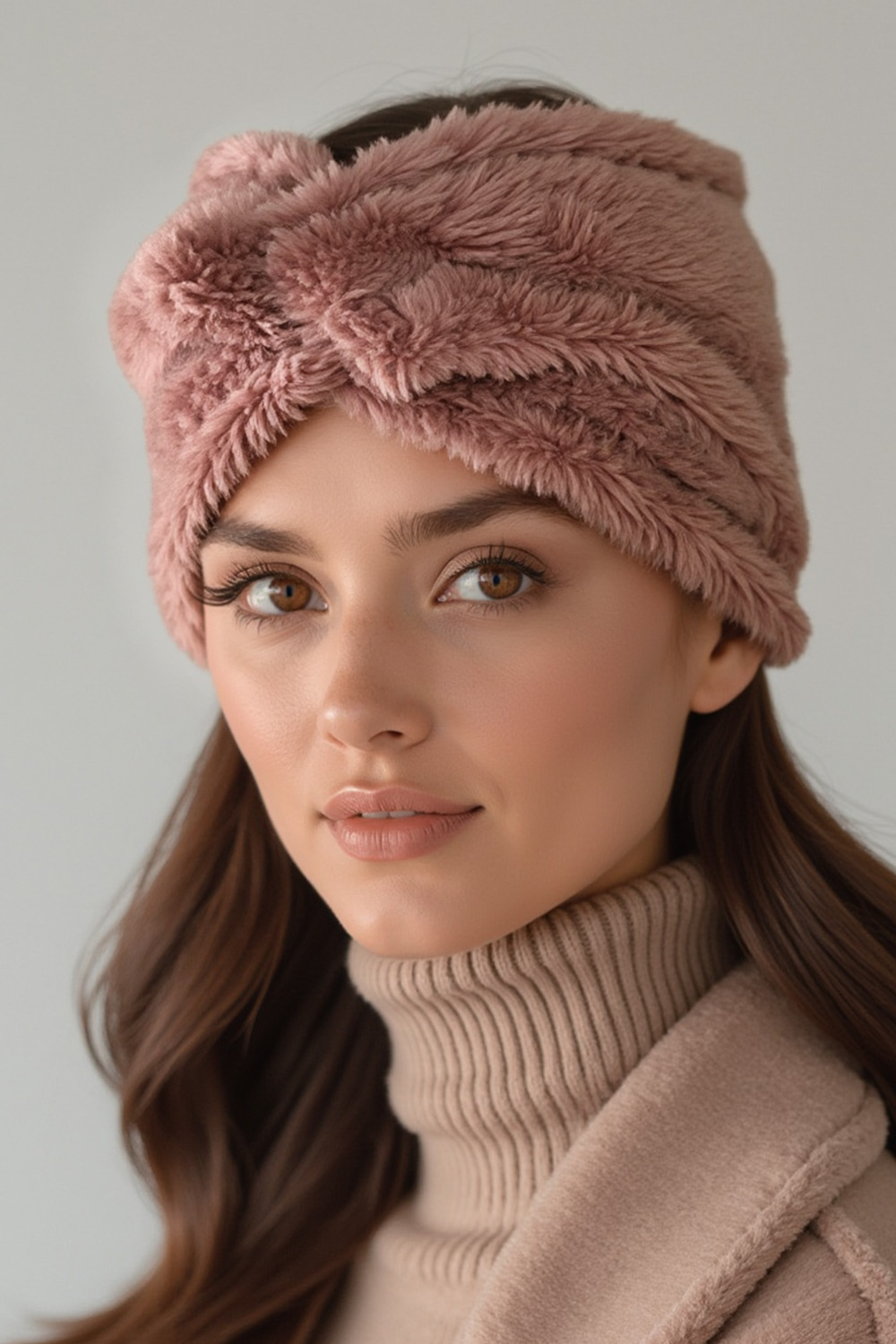 Vivisence Femme Bandeau Maille Duveteuse avec Torsade Confort et Chaleur, rose poudré