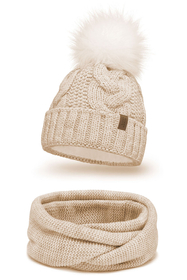 Vivisence Damen Bommelmütze Und Loop-Schal Mit Bommel Ideal Für Wintertage 7014, hellbeige