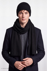 Vivisence Mens Beanie Hat And Scarf Set Wool Knitted Winter Accessories, black