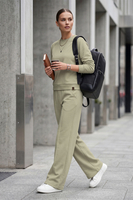 Vivisence Women’s 2 Piece Lounge Set, Crew Neck Sweatshirt and Flared Trousers with Pockets, Soft Stretch Co Ord Set, olive