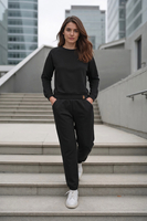 Vivisence Pantalon De Survêtement Femme Confortable Ceinture Élastique Poignets Côtelés Poches Latérales Tissu Doux Coton Mélangé Pour Détente Maison Sport Look Quotidien 9104, noir