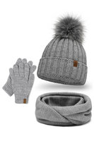 Vivisence Stylish Women’s Winter Set Cap with Pom-Pom Foldable Snood Scarf and Warm Gloves Made from Soft Yarn Anti-Static Fleece Lining Perfect for Cold Days, light grey