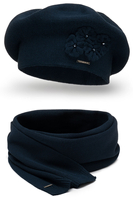 Vivisence Femme Béret Et Écharpe Pour l'Automne et l'Hiver Ensemble En Laine Avec Application Florale Style Classique Confortable Et Élégant Parfait Pour Lhiver Cadeau 7006Kmpl, bleu foncé