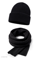 Vivisence Mens Beanie Hat And Scarf Set Wool Knitted Winter Accessories, black