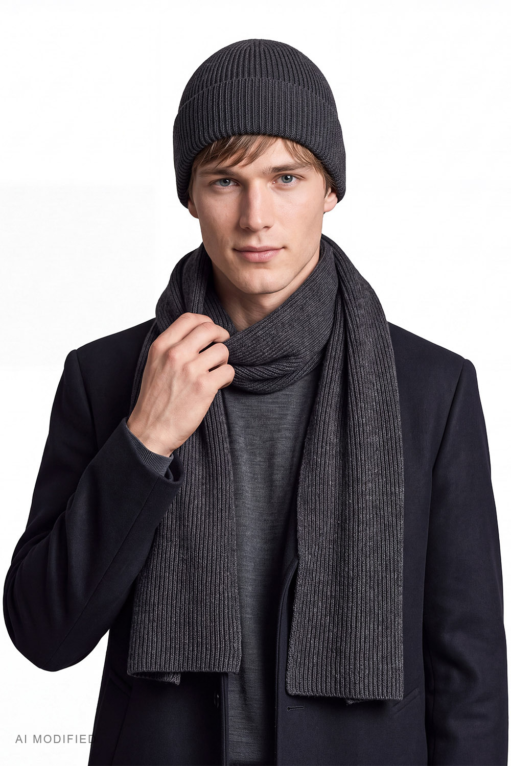 Vivisence Mens Beanie Hat And Scarf Set Wool Knitted Winter Accessories, graphite