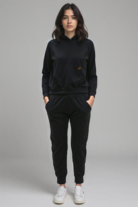 Vivisence Women's Tracksuit Set With Loose Hoodie And Tapered Trousers Stylish Activewear Featuring Elastic Waistband Side Pockets And Ribbed Trims For Daily Comfort, Black
