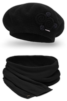 Vivisence Damen Baskenmütze Schal Set Wolle Applikation Lang Warm 7037kmpl, schwarz
