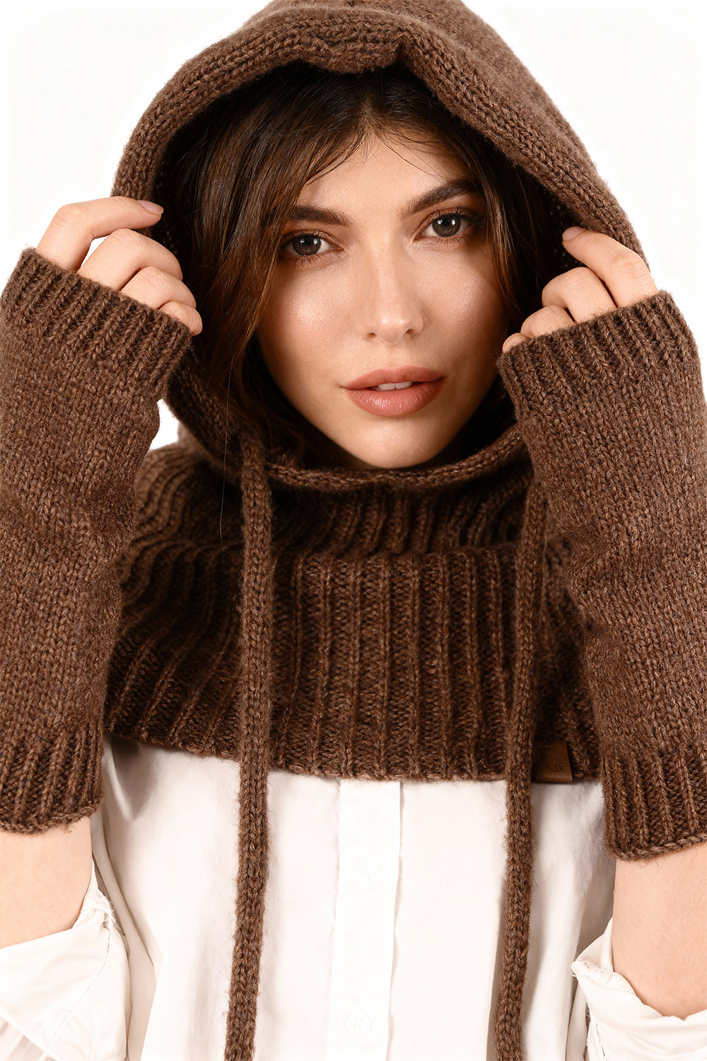 Vivisence Damen Kapuze Und Handstulpen Set Merino Baumwolle Warm für Wintertage, Braun