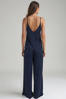 Vivisence Women's Pyjama Set Viscose Wide Leg Pants V-Neck Shirt 2046, dark blue